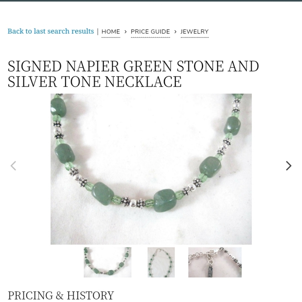Vintage Napier Signed Green Stone and Silver Tone Necklace.
